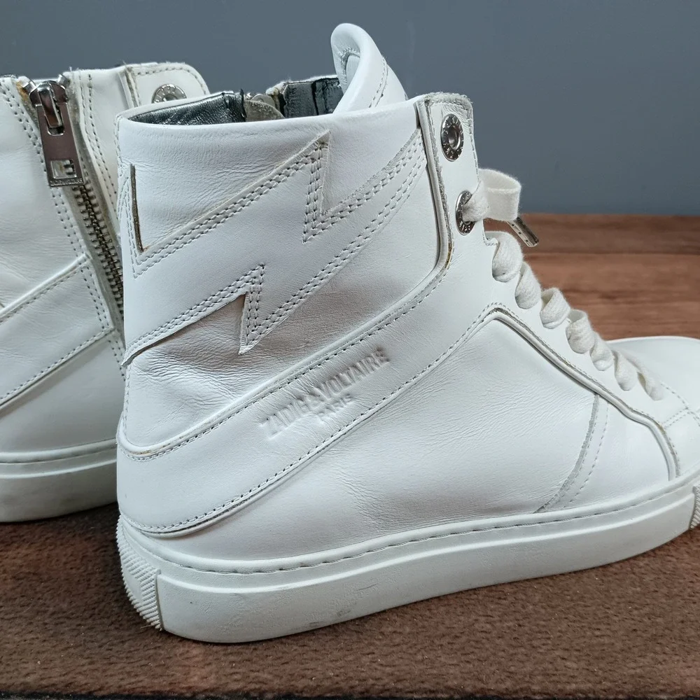 Zadig & Voltaire Paris White Leather High Top Sneakers Zip Lightning Bolt size37